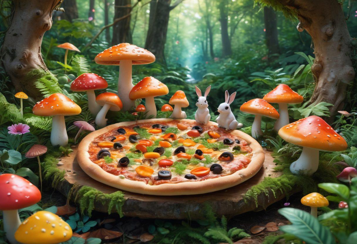 A whimsical scene featuring a vibrant anime-inspired character joyfully enjoying a slice of pizza, surrounded by colorful mushrooms and wild, enchanted forests. Integrate playful elements of hentai aesthetics subtly woven into the background, like soft pastel colors and swirling patterns. Include pizza toppings like anime-style eyes as mushrooms and pepperonis that resemble cute creatures, blending delicious food with fantasy. The atmosphere should be lively and fun, inviting the viewer into a unique cultural fusion. super-realistic. vibrant colors. fantasy art.